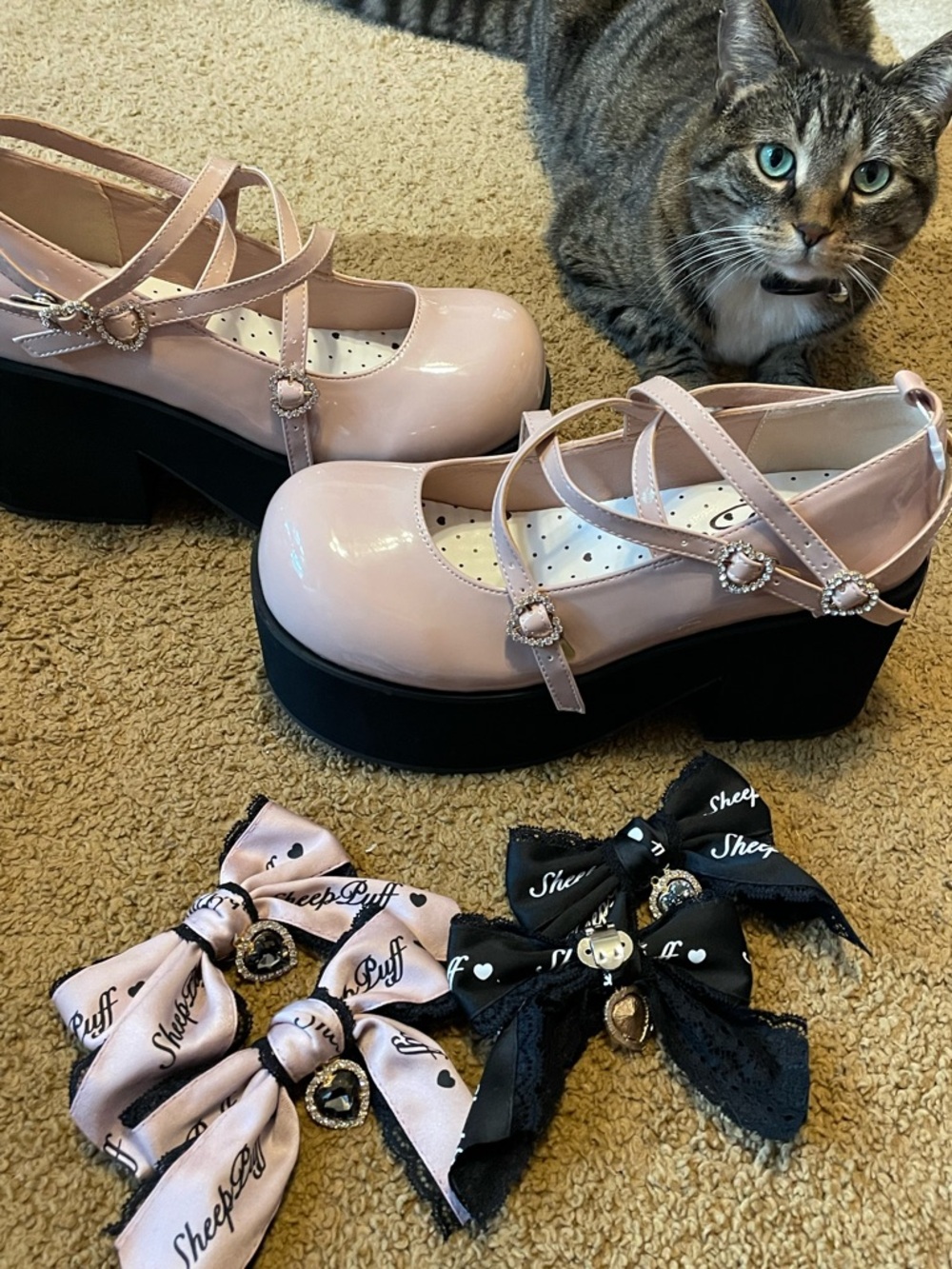 Light Pink Platform Mary Janes with Heart Buckles Lolita style